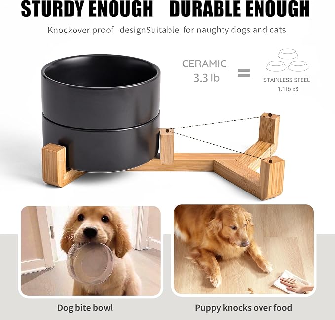 Mowtanco Black Ceramic Dog & Cat Bowl Set – 13.5 OZ with Wooden Stand, Non-Slip, Elevated Design for Small Dogs & Cats – 2 Bowls (Food & Water, Ceramic Pet Bowls, Modern Dog Bowls)