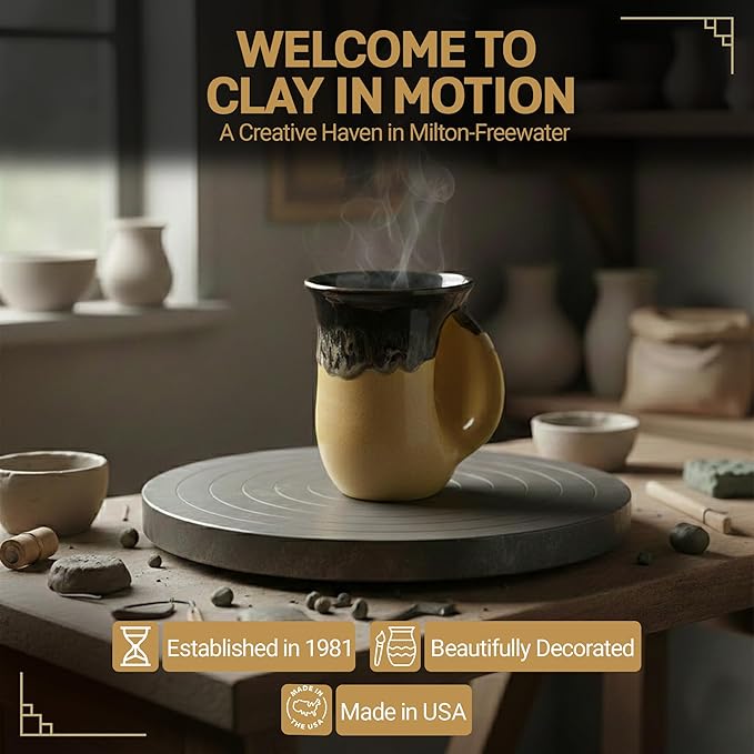 Clay in Motion Hand Warmer Coffee Mug – Handmade Coffee Mug With Comfortable Handle Contoured Pocket Hand Warming Ceramic Coffee Mug – Proudly Made in USA – Right Handed – 14 Oz - Black Brown