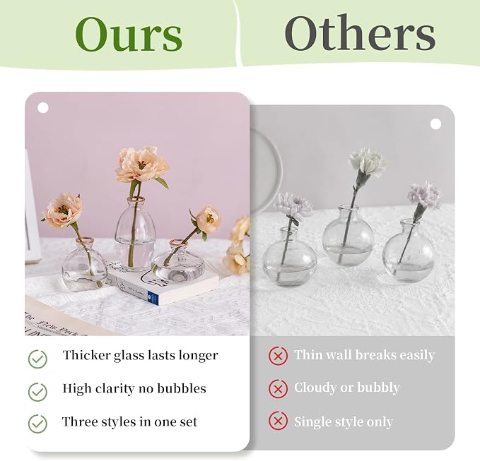 Bud Vases 3Pcs/Set Small Vases Handmade Cute Gold Rim Small Vases for Flowers Centerpieces Glass Vases Mini Vase Home Decor Centerpieces, Events Table Decor