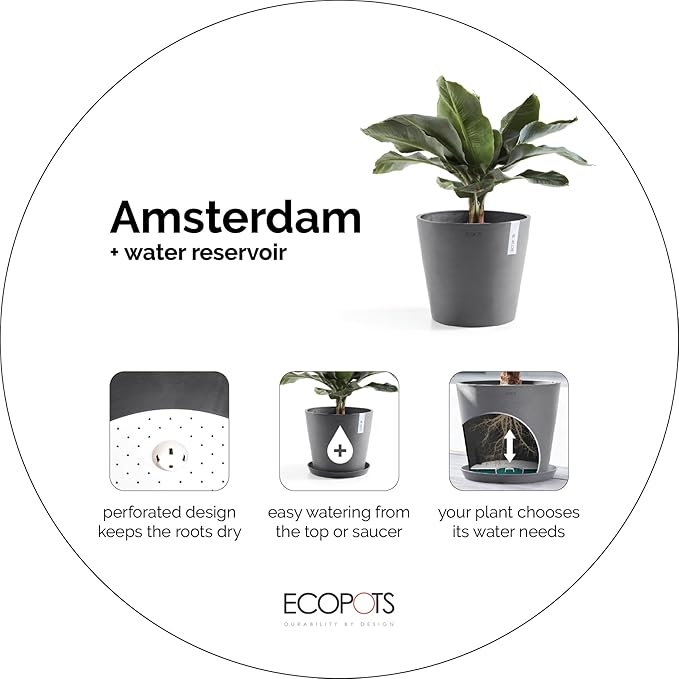 Ecopots Amsterdam Durable Modern Round Indoor/Outdoor Recycled-Based Composite Flower Pot Planter w/Water Reservoir, Terracotta Color, 12"
