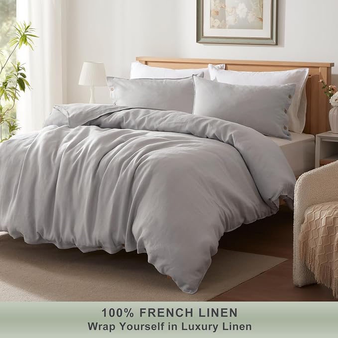 TOSMO 100% Linen Duvet Cover Set with Button Closure, 3 Pieces (1 Duvet Cover with 2 Pillowcases), Soft Breathable Durable Farmhouse Bedding - Full, Soft Grey
