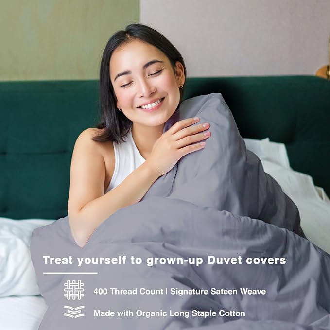 Fabdreams GOTS Certified 100% Organic Cotton Duvet Cover Queen Size - 400 TC Sateen - Soft - Silky - Button Closure - Edge Ties - 1 Duvet Cover (90"x92")+2 Pillow Shams (20"x26") - Light Grey