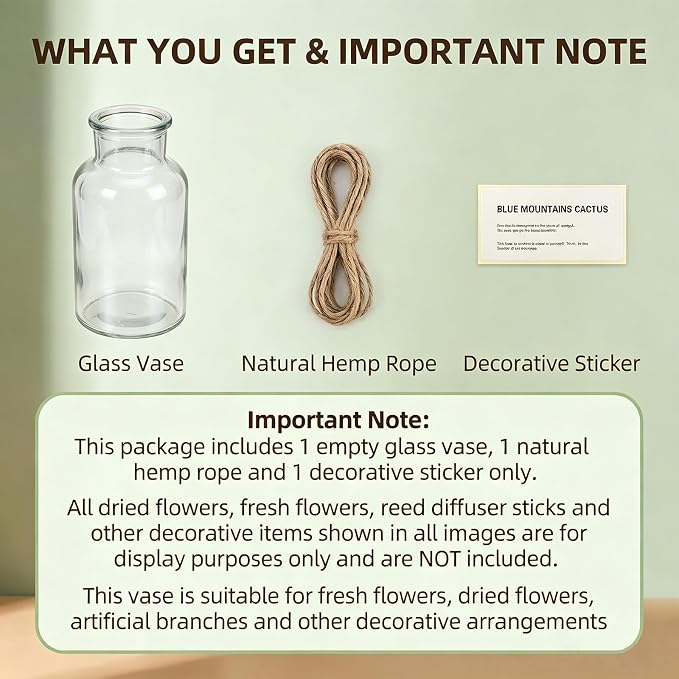 500ML Vintage Glass Vase Minimalist Clear Rustic Cylinder Bottles with Hemp Rope & Stickers for Wedding Centerpieces, Floral Arrangements, Farmhouse Home Decor, Table & Bookshelf Display