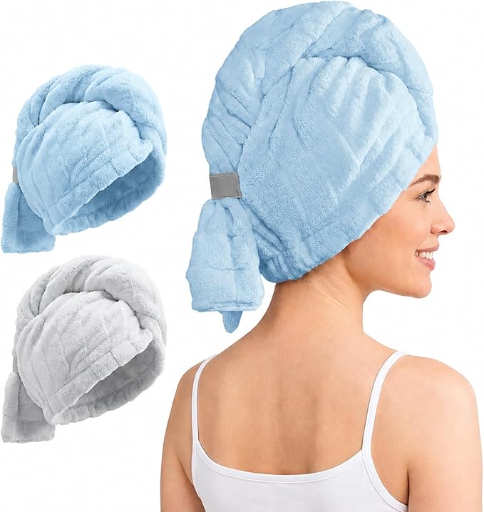 REDKISS 2 Pack Microfiber Hair Towel Wrap for Women, Super Absorbent & Quick Dry Large Hair Turban, Lightweight Anti-Frizz Drying Towel for Long Curly Thick Hair - Blue Gray