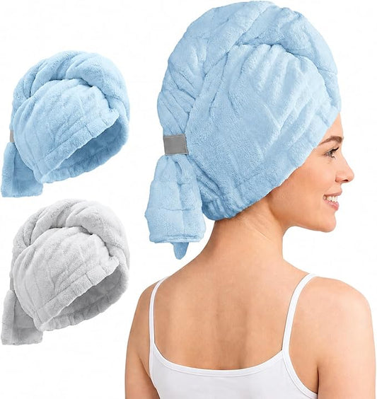 REDKISS 2 Pack Microfiber Hair Towel Wrap for Women, Super Absorbent & Quick Dry Large Hair Turban, Lightweight Anti-Frizz Drying Towel for Long Curly Thick Hair - Blue Gray