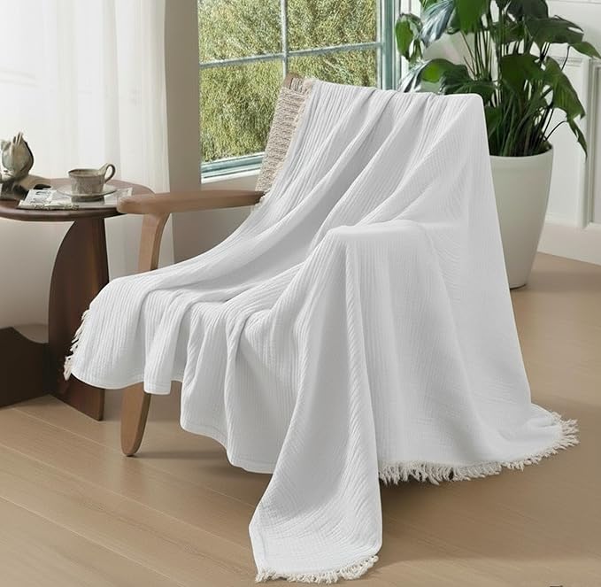 KyraHome 100% Cotton Muslin Blankets for Adults, Couch, 50"x60", Pre-Washed Plant Dyed, Breathable Lightweight Gauze Summer Throw Blanket, All Season (White)