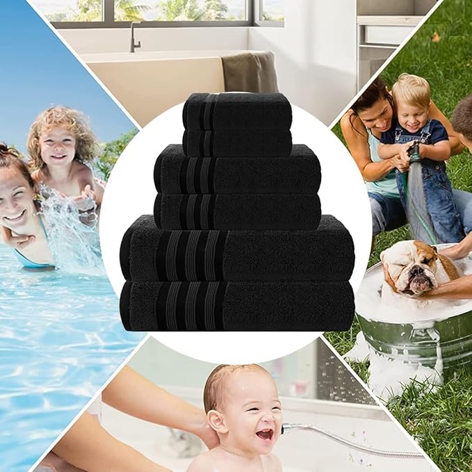 CASA COPENHAGEN Zero Twist 6Pcs 100% Egyptian Cotton Large Designer Towels Gift Set- Pitch Black, 600 GSM, 2Bath 2Hand 2Washcloths, Bath Towels for Bathroom Set for Women & Men