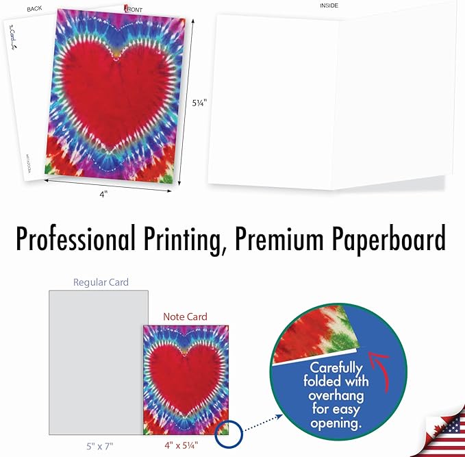 The Best Card Company - 20 Cute Boxed Cards (4 x 5.12 Inch) - Assorted Blank Set (10 Designs, 2 Each) - Tie-Dye Hearts AM9162OCB-B2x10