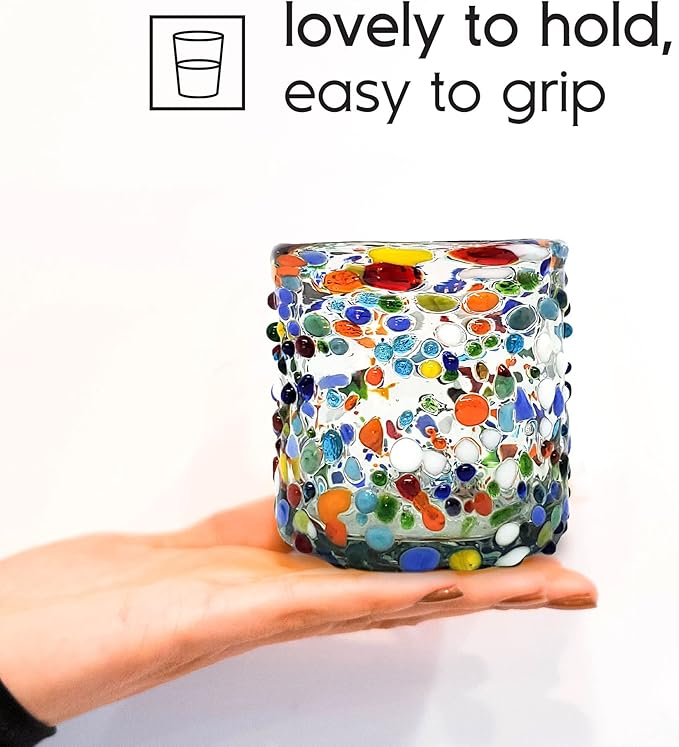 Confetti Rocks 8 oz DOF Glasses (set of 6) | Hand Blown Drinking Glasses, Multicolor Mexican Glassware Tumblers for Water, Juice, Margaritas & Cocktails | Lead-free, Toxin-Free