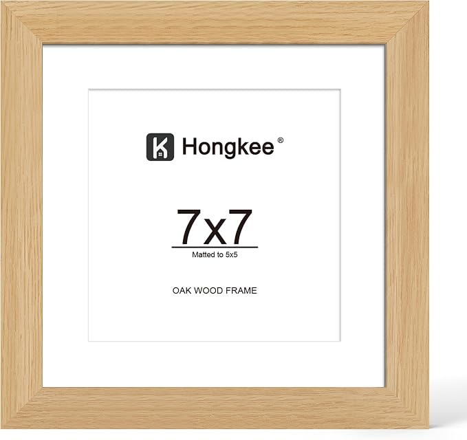 Hongkee 7x7 Oak Wood Picture Frame 1 Pack(Matted 5x5) with Real Glass Cover | Natural, 7 x 7 Solid Wood Frame for Wall or Tabletop Display - Includes Easel Back, Vertical Hang - Ideal for Home, Office