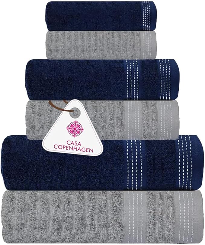 CASA COPENHAGEN Elegance 6Pcs 100% Egyptian Cotton Large Designer Towels Gift Set- Grey Violet-Navy, 550GSM, 2Bath 2Hand 2Washcloths, Bath Towels for Bathroom Set for Women & Men