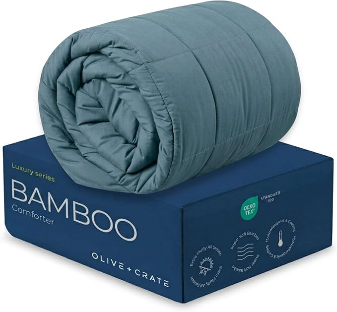 Olive + Crate Cooling Down Alternative Comforter - Hypoallergenic King Size Duvet Insert Lightweight - All Seasons Plush Design Bamboo Comforter - 100% Bamboo Viscose Outer Cover, Basalt Blue 102"x90"