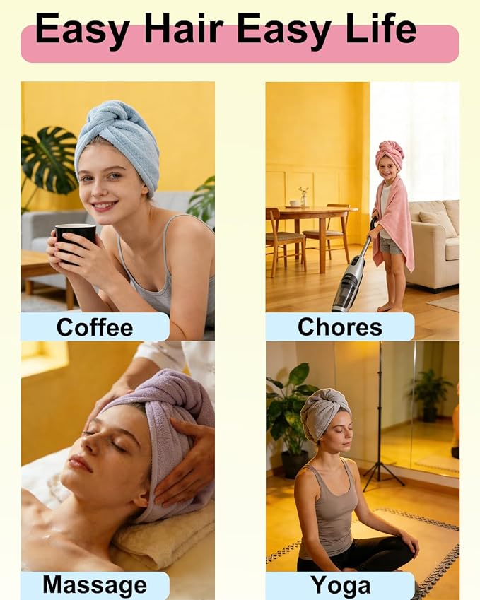 Lumimi Luxury Microfiber Hair Towel Gift Set 6 Pack - Spa Quality Anti-Frizz Turbans with Button Closure, Quick Dry for Long/Curly Hair, Premium Bath Accessories for Women