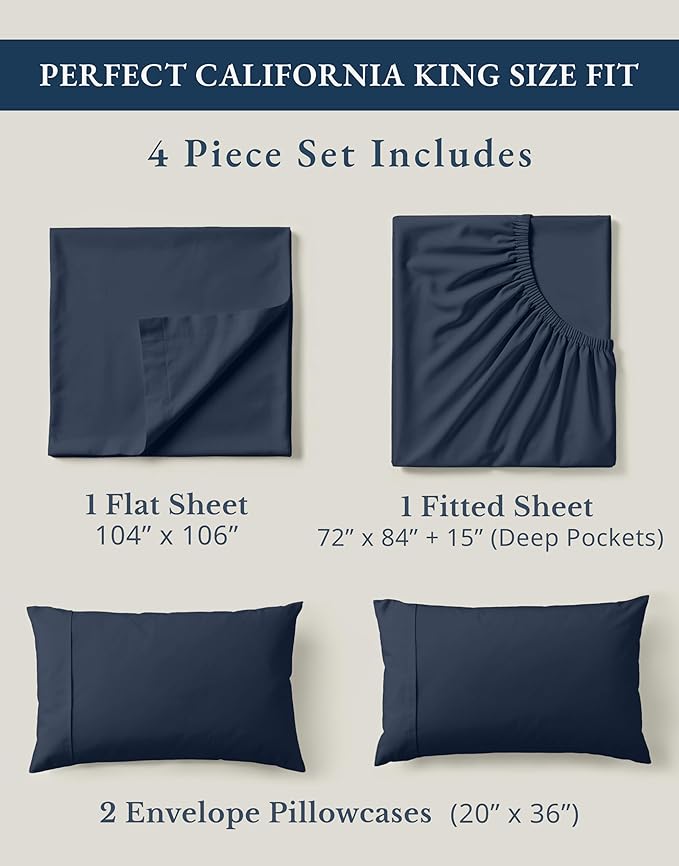 LANE LINEN 100% Organic Cotton California King Bed Sheets, 4-Piece Pure Percale Sheets Soft Breathable Cotton Bed Sheets, Deep Cal King Sheets for Thick Mattress - Navy