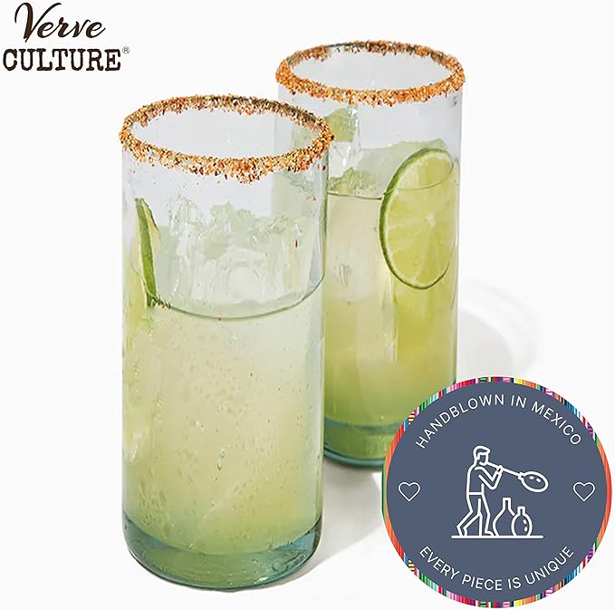 Verve CULTURE Mexican Highball Drinking Glasses, Unique Handblown Glassware, Glass Cups for Cocktails, Juice, Mixed Drinks, Elegant Tabletop Drinkware, Set of 4 (Clear, 16 oz)