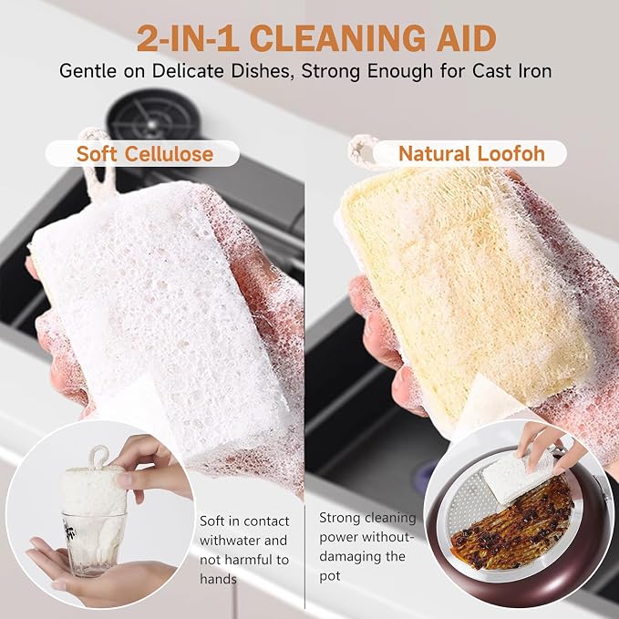 Natural Loofah & Cellulose Dual Sided Sponge 5 Pack | Compostable, Plastic-Free, Biodegradable Kitchen Scrubber | Non-Scratch for Dishes, Pots, Pans & Cast Iron