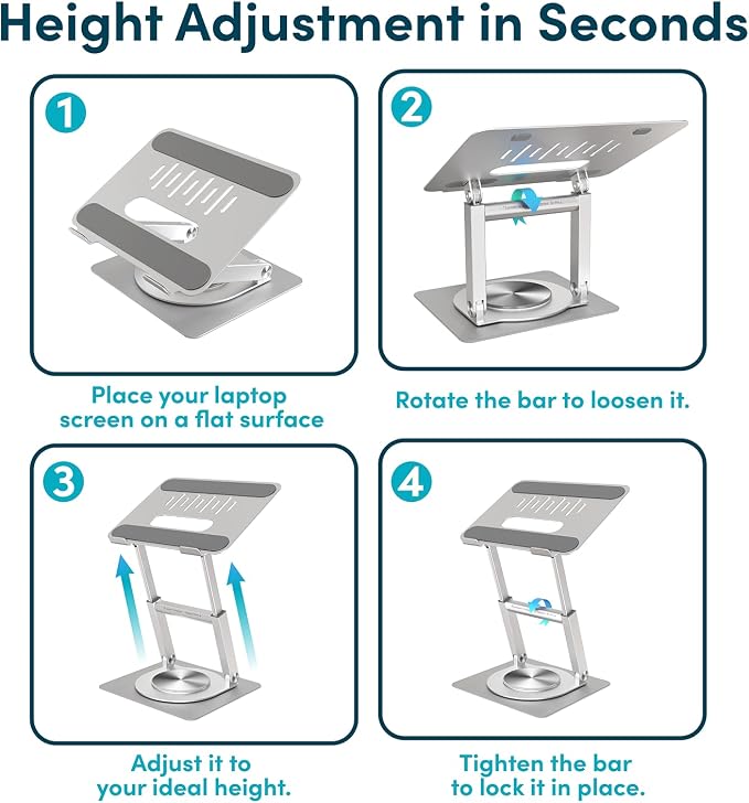 Lifelong 360 Rotating Adjustable Laptop Stand, 16" Tall Riser - Silver | Ergonomic Computer Stand with Swivel Base for 10-17" MacBook Pro & All Laptops- Portable Standing Desk Converter