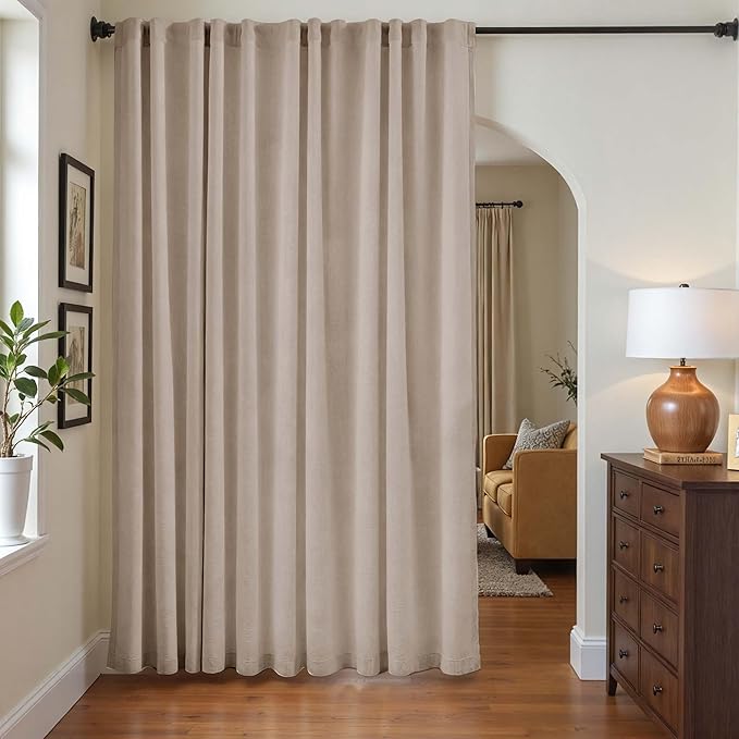 jinchan Extra Wide Sliding Door Curtain 84 Inch Length with White Privacy Lining Taupe Linen Lined Curtains for Patio Door Living Room Bedroom Light Filtering Drapes 100 Inches Wide 1 Panel
