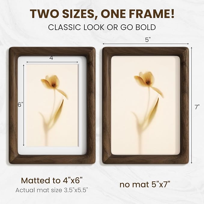 5x7 Picture Frame, USA-Sourced Walnut Wood Photo Frames with HD Tempered Glass, Display Photo 4x6 with Mat or 5x7 Without Mat, 5 x 7 Frame for Tabletop or Wall Display, Walnut Color, 1 Pack