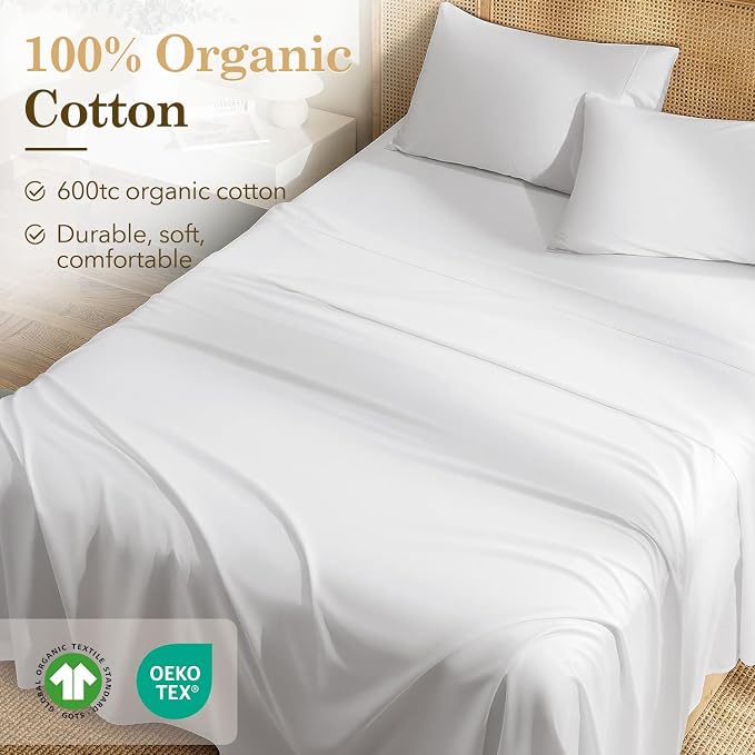 SONORO KATE 100% Organic Cotton Sheets Set - 600 Thread Count, GOTS Certified Cotton Bed Sheets, Soft, Breathable & Silky Sateen Weave Sheets, 16" Deep Pockets - 4 PC (White,Queen)