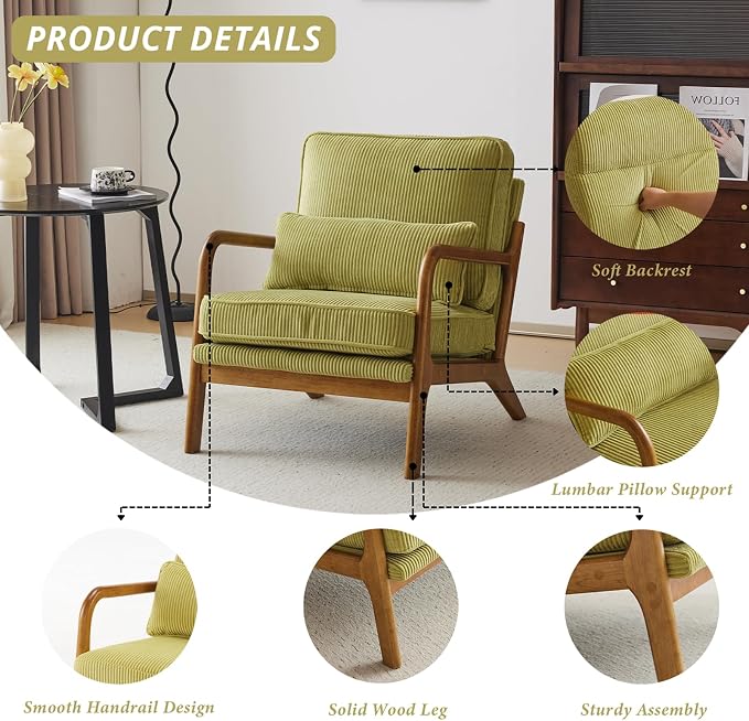 Karl home Mid-Century Modern Accent Reading Chair, Green | Corduroy Upholstered, Solid Wood Frame, Soft Cushion, Lumbar Pillow, Lounge Armchair for Living Room, Bedroom, Balcony, Study
