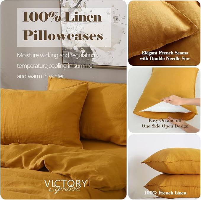 S VICTORY SYMBOL 100% Organic Linen Duvet Cover Set 3 Pieces,Stone Washed French Flax Bedding Set,1 Comforter Cover and 2 Pillowcase,(Yellow,Queen) Soft,Breathable