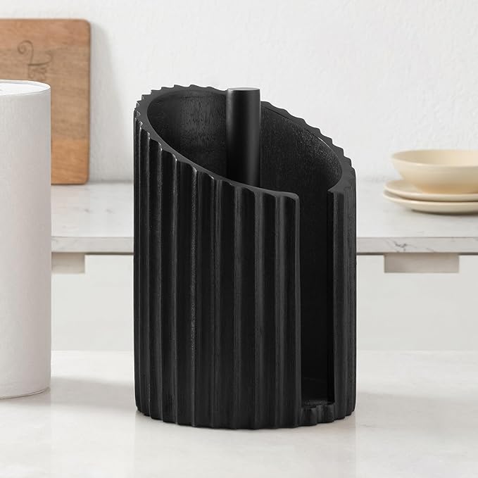 Anji Mountain Wooden Paper Towel Holder Countertop with Mango Wood Round Base and Iron Holder, Holder Stand for Kitchen Roll Organizer & Kitchen Dining Table Home Decor - Black/Black, Fluted