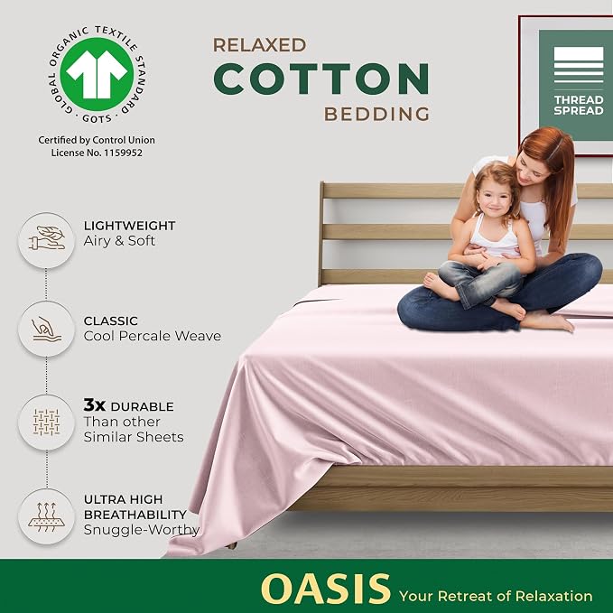 THREAD SPREAD 100% Organic Cotton King Flat Sheet - Percale Weave Cotton Flat Sheet Only (1 PC, Blush), Crisp, Cool, Strong & Breathable Lightweight Bed Linen Top Sheets, GOTS Certified Sheets