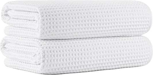 MICROFI New Microfiber Waffle Bath Towels, 2 Pieces, Oversized, Soft, Absorbent, Fast Drying, Lint Free 430 GSM (White)