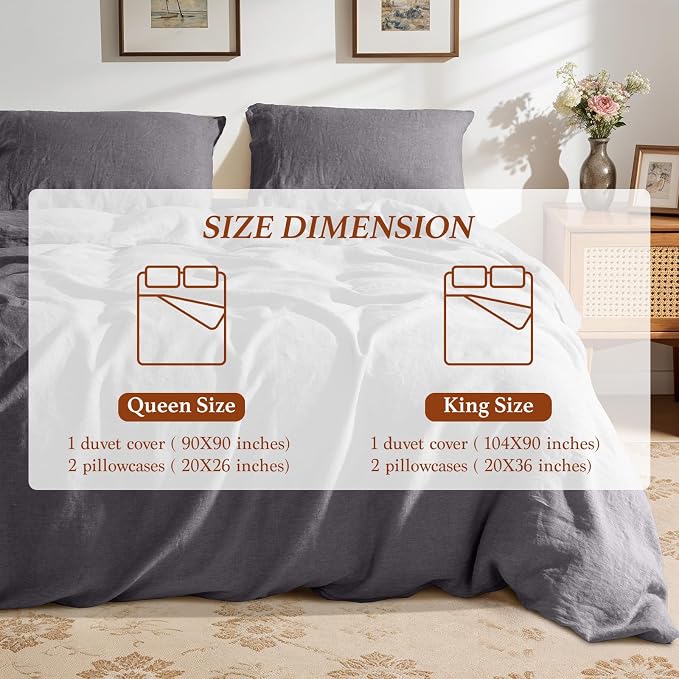 100% Pure Linen Duvet Cover Set Queen Size 3 Pcs Natural Linen Bedding Zipper Closure Breathable Soft Comforter Cover Sets, Cozy for All Season (Queen, Dark Gray)