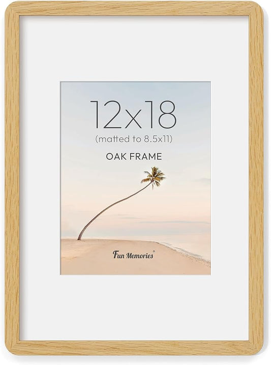 Fun Memories 12x18 Picture Frame - Solid Oak Wood Poster Frame, 12x18 Photo Frame with Mat for 8.5x11, 12 By 18 Wooden Picture Frame, Horizontal or Vertical Wall Display, Natural Oak