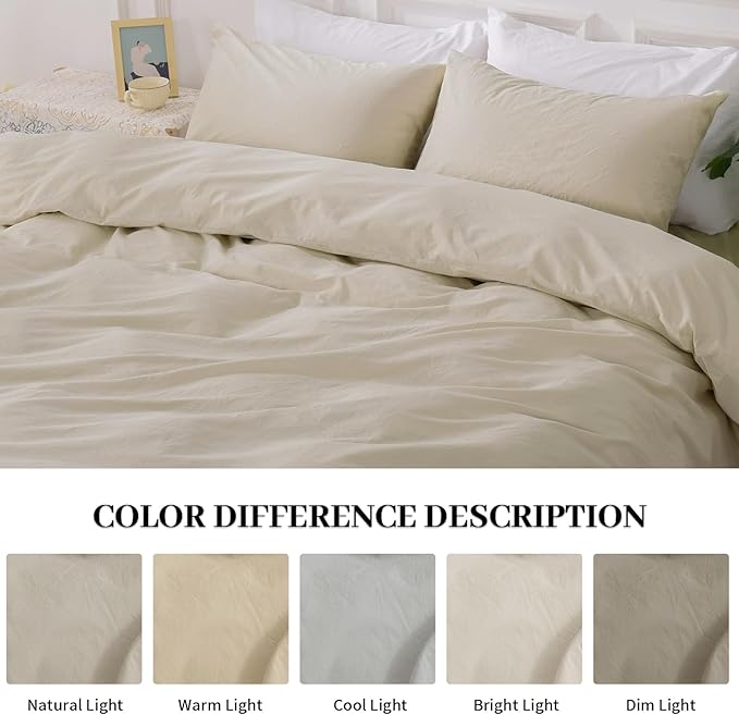 NEXHOME PRO Duvet Cover Set 100% Washed Cotton Oversized King 120"x98" Linen Feel Textured Organic 3 Pieces Bedding Set with Zipper Closure and Corner Ties, Breathable(Cream Grey, No Comforter)