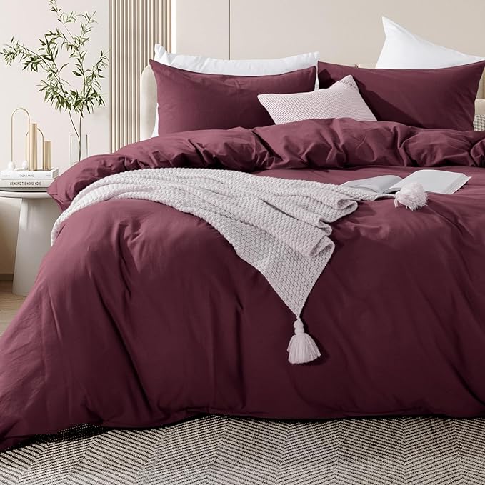 NEXHOME PRO Duvet Cover Set 100% Washed Cotton Super King 108"x98", Organic Natural Linen Look Textured 3 Pieces Bedding Set Burgundy Dark Red with Zipper Closure, Breathable (No Comforter)