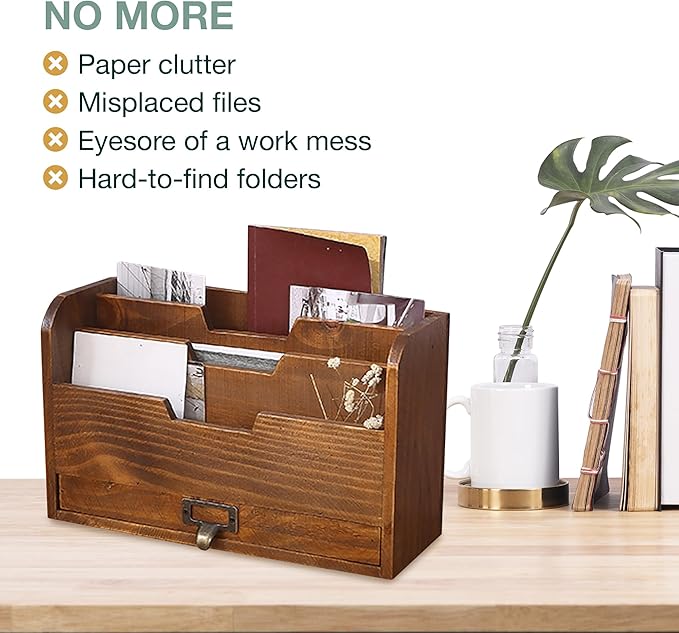 Rustic Wooden Desk Organizer - Vertical File Sorter with 3 Compartments & 1 Paper Tray Drawer - Mahogany Wood