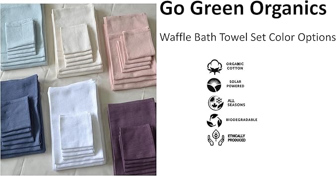 Bath Towel Set Waffle Organic Cotton GOTS Certified White Super ABSORBANT & Quick Dry NO SOFTENERS Environment Friendly 1xBATH 58x30.5, 2xHAND 29x20, 4xFACE 12x12 INCH