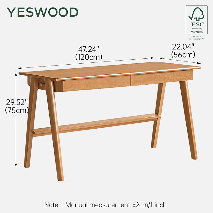 YESWOOD 100% Solid Rubber Wood Desk, Mid Century Modern Writing Computer Desk in Walnut Finish with Drawer for Home Office, Sturdy Room, Bedroom 47.24" W Natural Wood