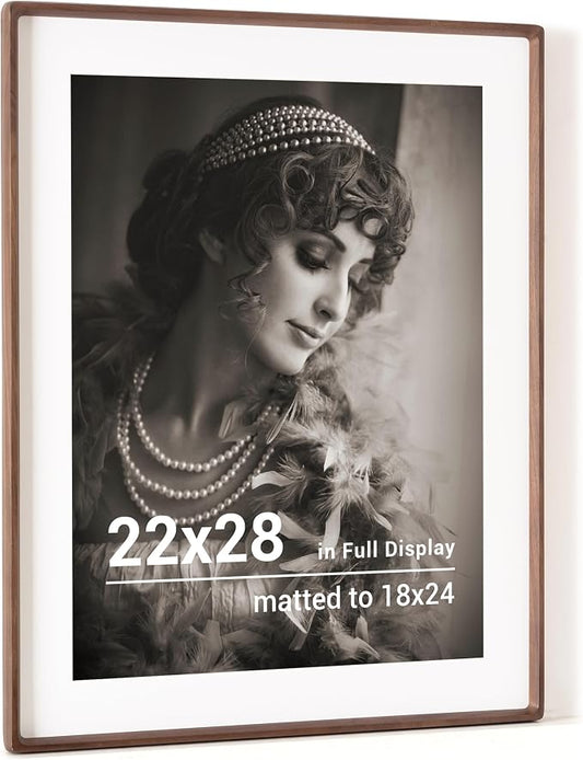 22x28 Poster Frame, USA-Sourced Walnut Wood Picture Frame with HD Tempered Glass, Handcrafted Rounded Corner 22 x 28 Wooden Frames Matted to 18x24 Photos, Horizontal or Vertical Wall Display