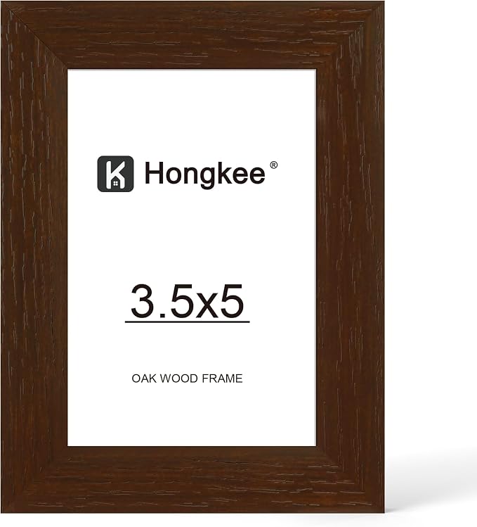 Hongkee 3.5x5 Oak Wood Picture Frame(1 Pack, Walnut) with Real Glass Cover | Solid Wood 3.5 x 5 Small Frame for Wall or Tabletop Display - Includes Easel Back, Vertical Hang - Ideal for Home, Office