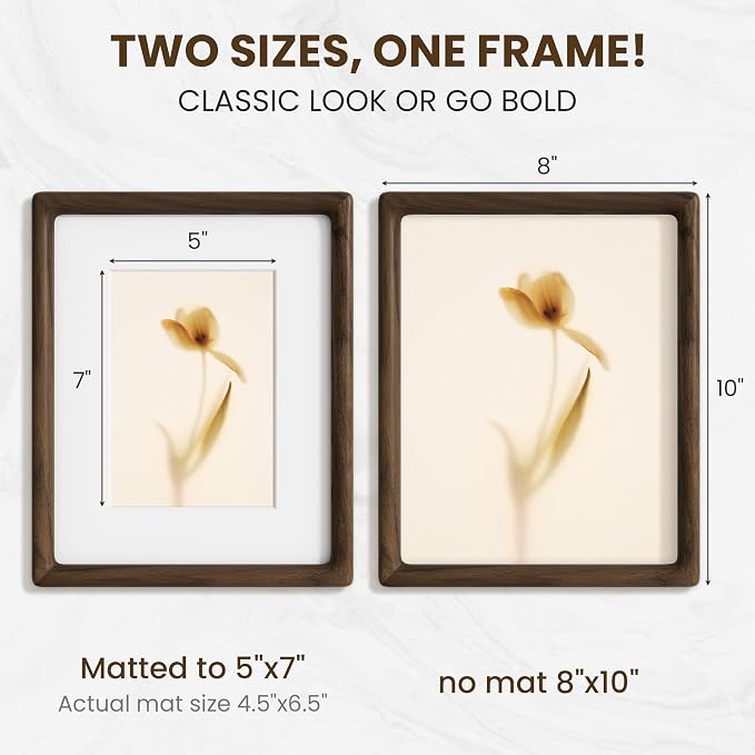 8x10 Picture Frame, USA-Sourced Walnut Wood Picture Frame, 8x10 Photo Frame with High Tempered Glass, 8 by 10 Wooden Frame Matted to 5x7 Photo for Wall & Tabletop Display, Walnut Color, 1 Pack