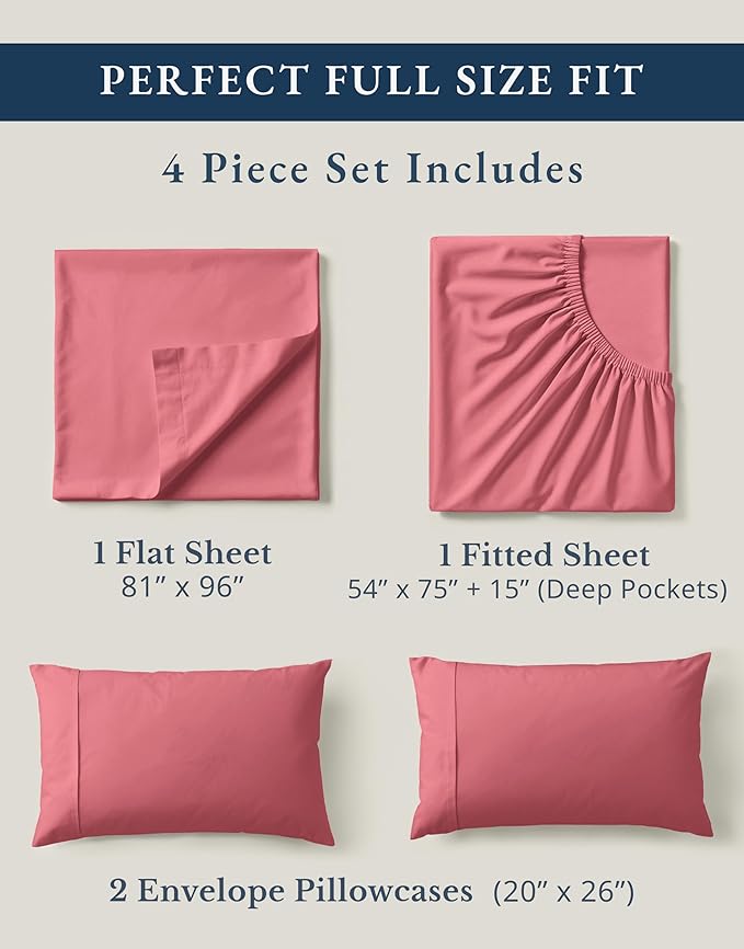 LANE LINEN 100% Organic Cotton Bed Sheets Full Size, Fully Elasticized Sustainably Produced Soft & Comfy, Machine Washable Naturally Cooling Full Sheet Deep Pocket Bedding - Mineral Red