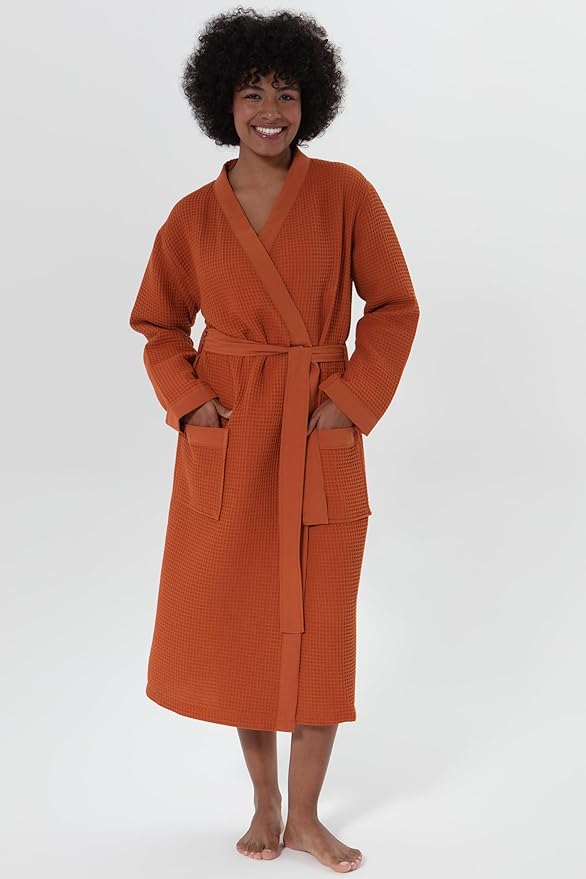 SEYANTE Women's Organic Cotton Waffle Kimono, Hooded Robe – GOTS Certified Lightweight Full-Length Spa Bathrobe with Piping