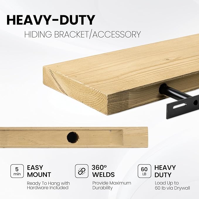Fun Memories 48 Inch Reclaimed Wood Floating Shelves for Wall, 8 Inch Deep Heavy Duty Rustic Farmhouse Floating Shelf with Invisible Brackets for Fireplace Mantel & Coffee Bar, Natural