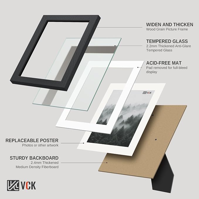 VCK 8x10 Picture Frames Black 3 Pack, Wide Border Solid Wood, Tempered Glass, Display 5x7 Photo with Mat or 8 x 10 without, for Home, Office, Gallery, Woodgrain Series, Tabletop & Wall Hanging