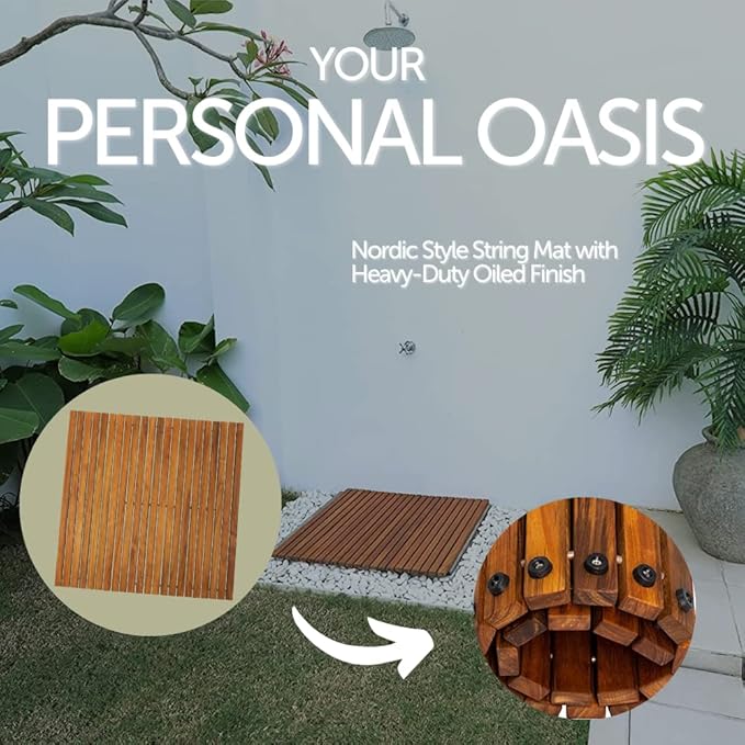 Nordic Teak 100% Solid Teak Wood String Mat - Indoor and Outdoor Use - Non-Slip Wooden Platform for Sauna, Pool, Hot Tub Flooring Decor and Protector (Oiled Finish, 30" X 30")