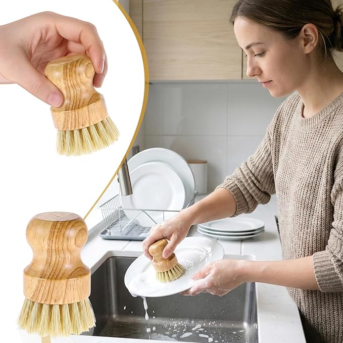 10 Packs Bamboo Dish Scrub Brushes Natural Dish Scrubber with Sisal Bristle Kitchen Dishwashing Cleaning Brush for Kitchen Cleaning Dishes, Pots, Pans, Bottles, Vegetables