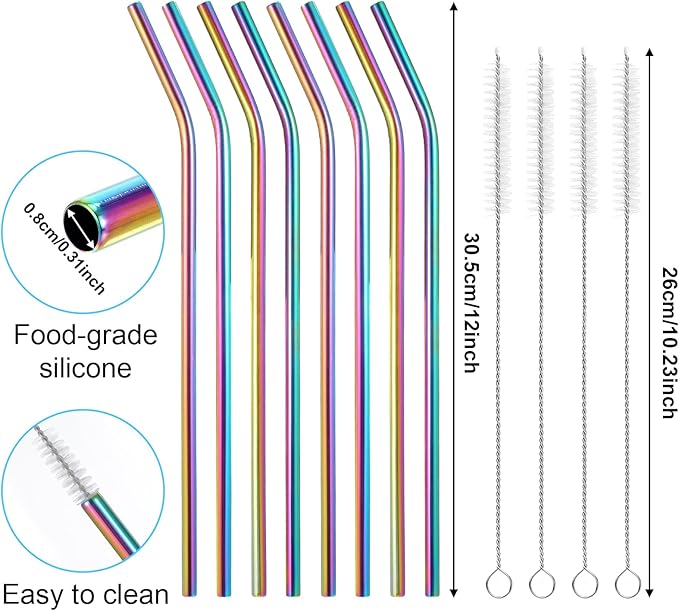 8 Pcs Reusable Long Metal Straws for 40 oz Tumbler 12 inch Colorful Reusable Metal Straws with Cleaning Brush Stainless Steel Straws Long Reusable Colorful Bent Straw with 4 Pieces Cleaning Brush