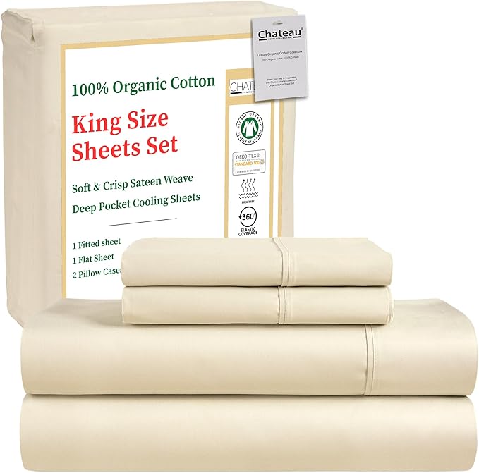 100% Organic Cotton King Size Sheets Set - Luxury Sateen Weave 300 TC 4 Piece 15" Deep Pocket King Sheets, GOTS Certified Naturally Cool Soft Breathable & Comfy Sheet & Pillowcase Sets - Ivory