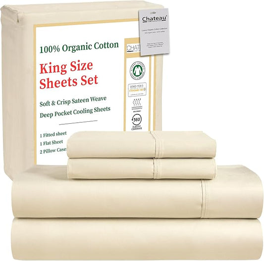 100% Organic Cotton King Size Sheets Set - Luxury Sateen Weave 300 TC 4 Piece 15" Deep Pocket King Sheets, GOTS Certified Naturally Cool Soft Breathable & Comfy Sheet & Pillowcase Sets - Ivory