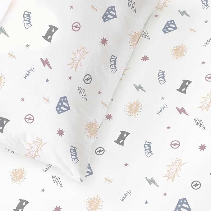 MakeMake Organics Organic Queen Fitted Sheet Set GOTS Certified Organic Cotton Fitted Sheet with 2 Pillowcase Ultra Soft Non Toxic Breathable Hypoallergenic Colorful Superheros (Queen, Mighty Heros)