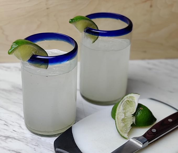 Dos Sueños Hand Blown Mexican Drinking Glasses - Set of 6 Glasses with Cobalt Blue Rims (14 oz each)